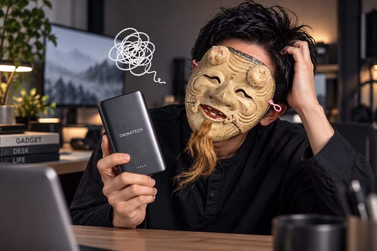 モバイルバッテリーを手に持って、納得いってない翁