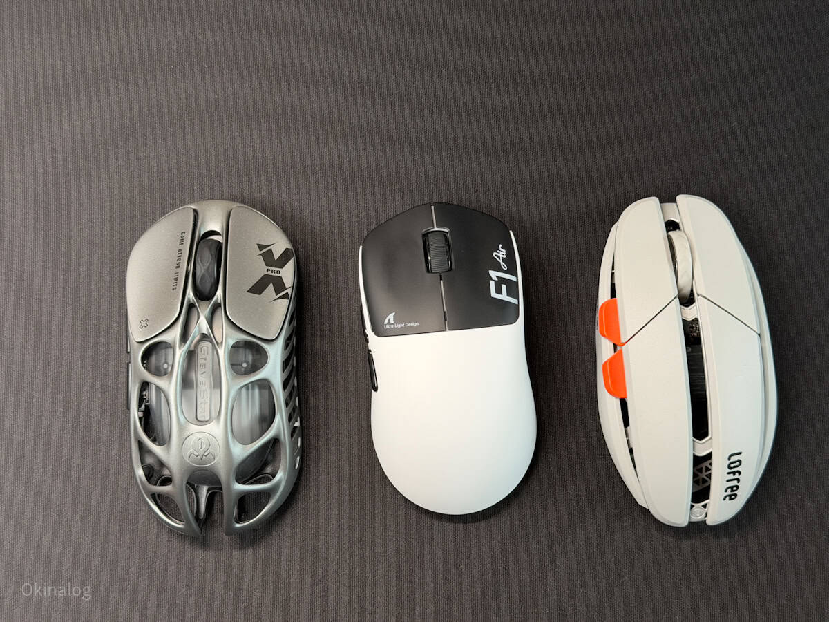 ATTACK SHARKのF1 AirとGravaStar XPro、Lofree HYPACEをいっしょに並べた様子